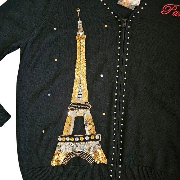 VTG Storybook Knits Paris Eiffel Tower Cardigan Sweater Beaded Sz XL 1X NWT - Picture 2 of 11